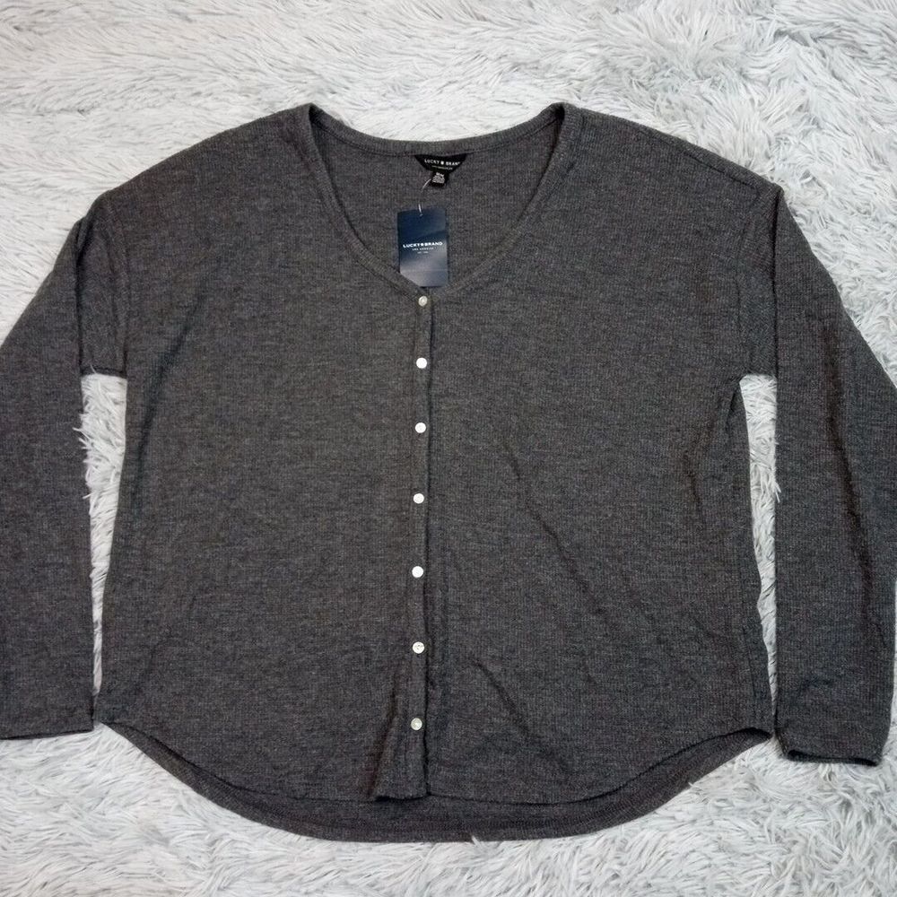 Lucky Brand Sweater Womens M Gray Cardigan Button Up Cozy Soft Lightweight New